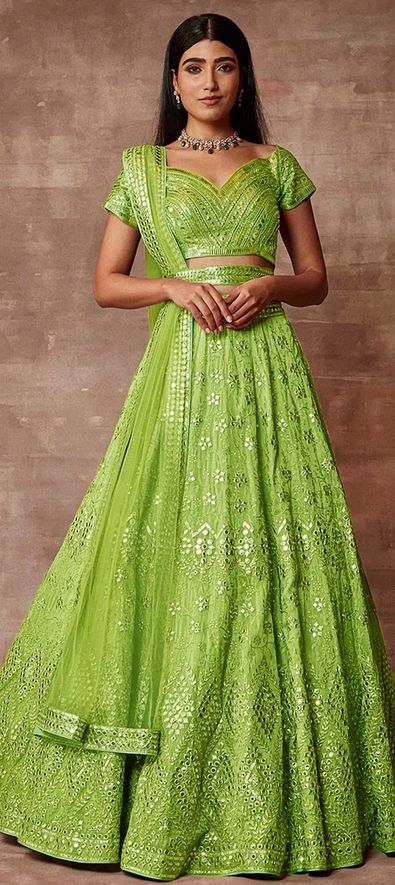 Organza Silk Engagement Lehenga in Green with Mirror work-1830096