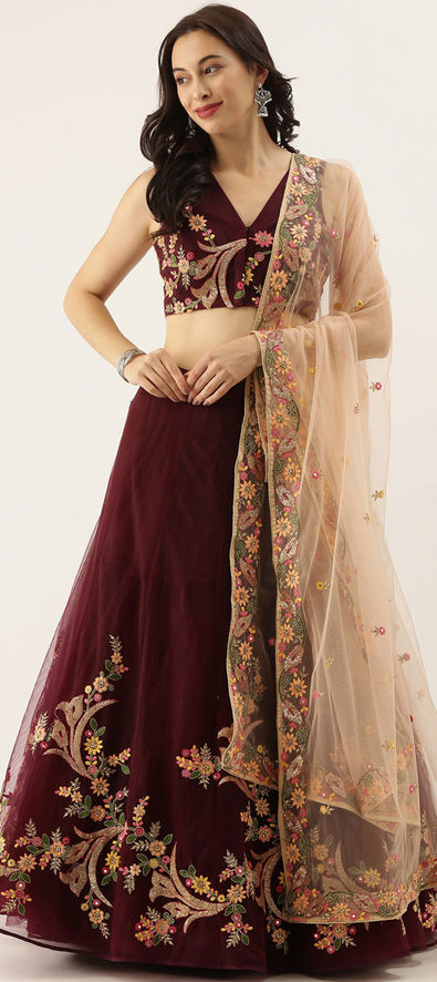 Net Party Wear Lehenga in Red and Maroon with Sequence work-1832303