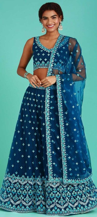 Net Party Wear Lehenga in Blue with Sequence work-1832560