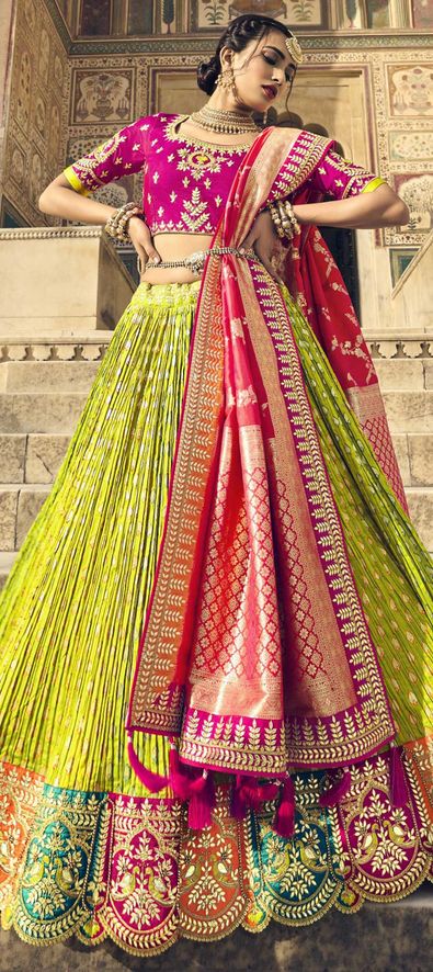 Silk Reception Lehenga in Green with Weaving work-1832966