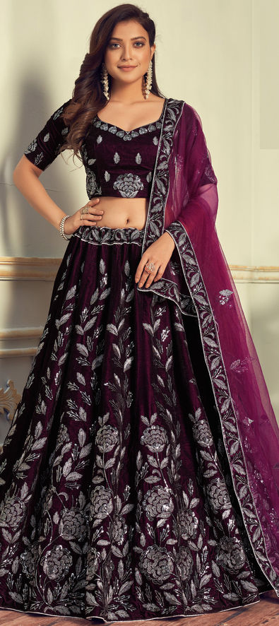 Velvet Bridal Lehenga in Purple and Violet with Embroidered work-1835341