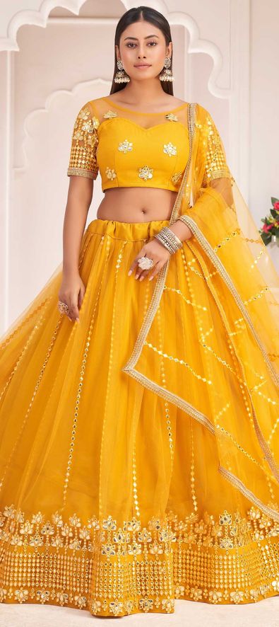 Net Engagement Lehenga in Yellow with Embroidered work-1836328