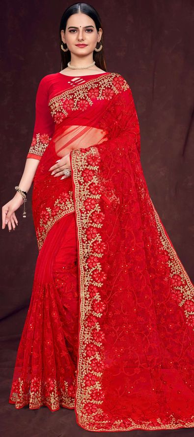 Net Reception Saree in Red and Maroon with Thread Work-1837552