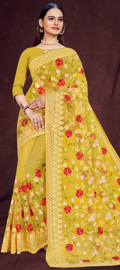 Net Reception Saree in Yellow with Thread Work-1837553