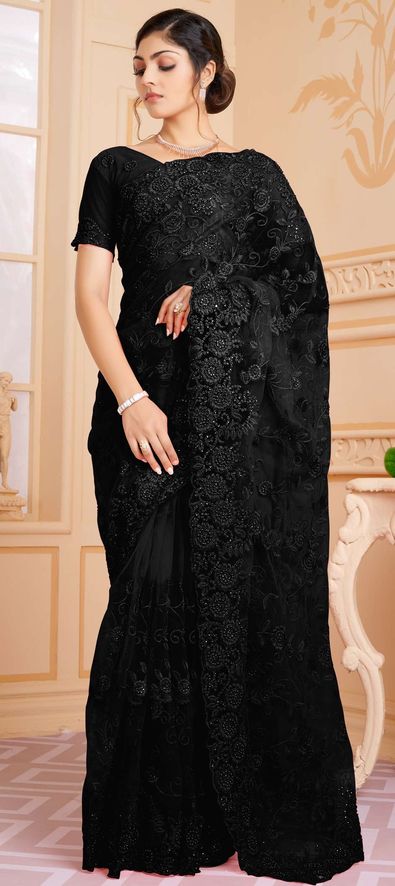 Net Reception Saree in Black and Grey with Thread Work-1837707