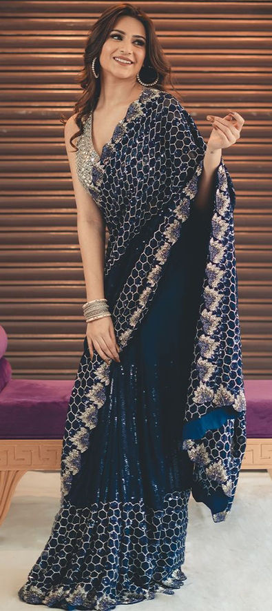 Georgette Reception Saree in Blue with Thread work