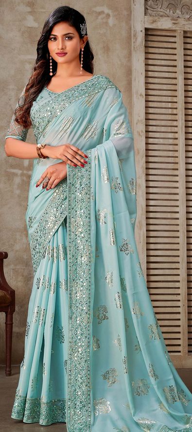 Georgette Wedding Saree in Blue with Sequence Work-1838060