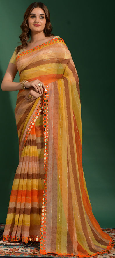 Chiffon Festive Saree in Orange with Embroidered Work-1838597