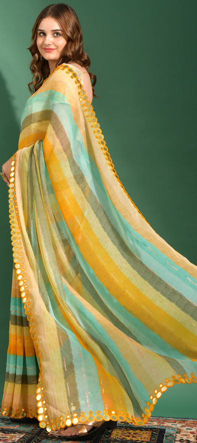 Chiffon Festive Saree in Yellow with Lehariya Work-1838598