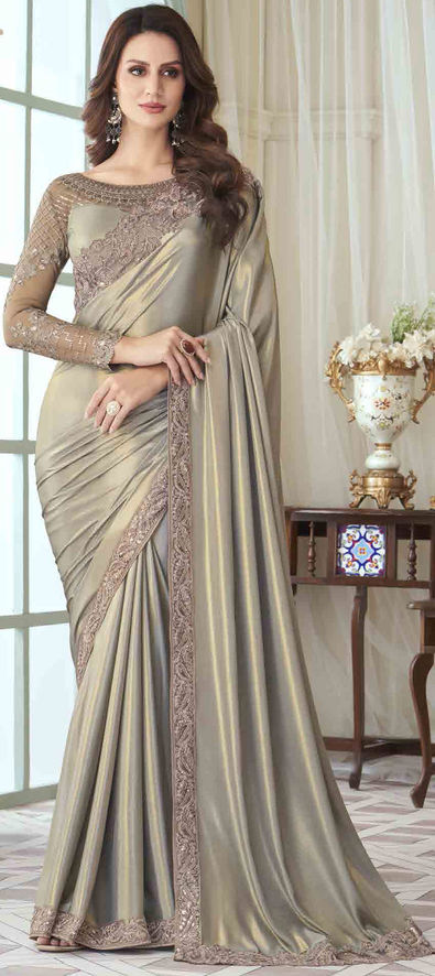 Silk Wedding Saree in Black and Grey with Thread Work-1840701