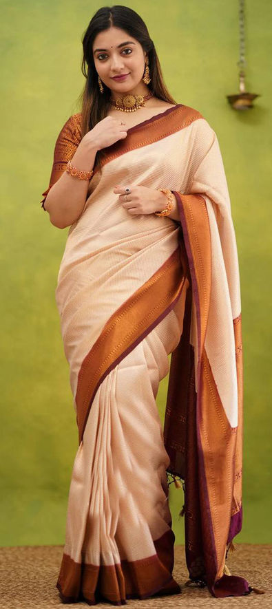 Art Silk Traditional Saree in Beige and Brown with Weaving Work-1840877