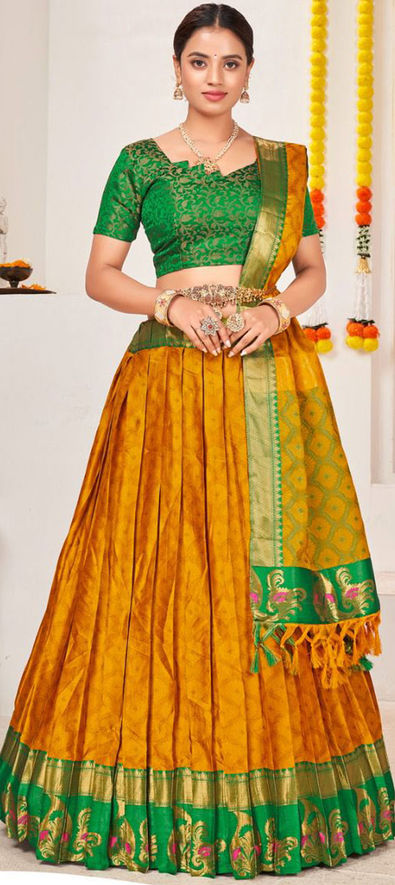 Jacquard Reception Lehenga in Yellow with Weaving work-1841164