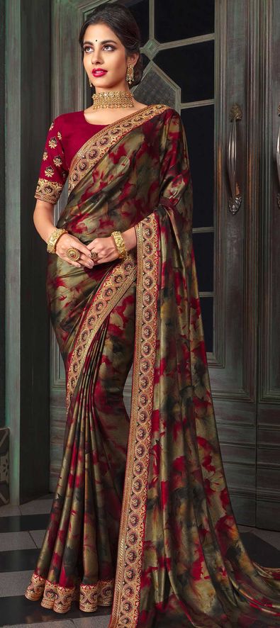 Satin Silk Reception Saree in Multicolor with Thread Work-1841607