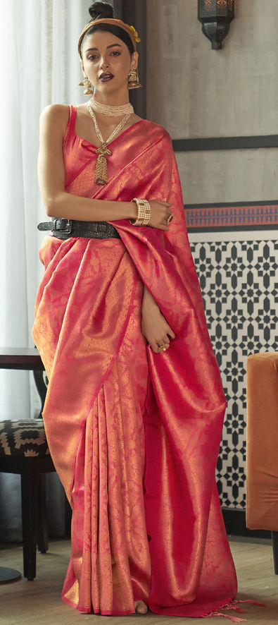 Silk Wedding Saree in Orange with Weaving Work-1842079