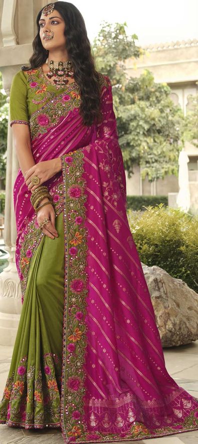 Silk Wedding Saree in Pink and Majenta with Mirror Work-1842230