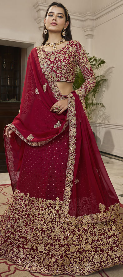 Georgette Designer Lehenga in Red and Maroon with Zari work-1843930