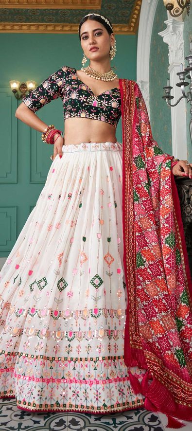 Faux Georgette Festive Lehenga in White and Off White with Embroidered work-1846679