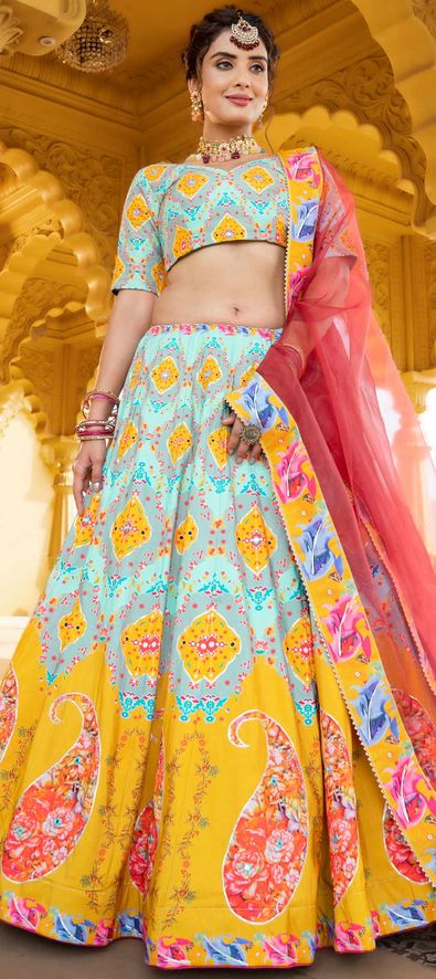 Art Silk Festive Lehenga in Blue with Mirror work-1847395