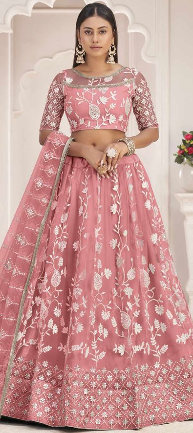 Net Party Wear Lehenga in Pink and Majenta with Thread work-1847650