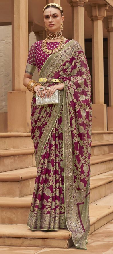 Brasso Festive Saree in Red and Maroon with Printed Work-1851994