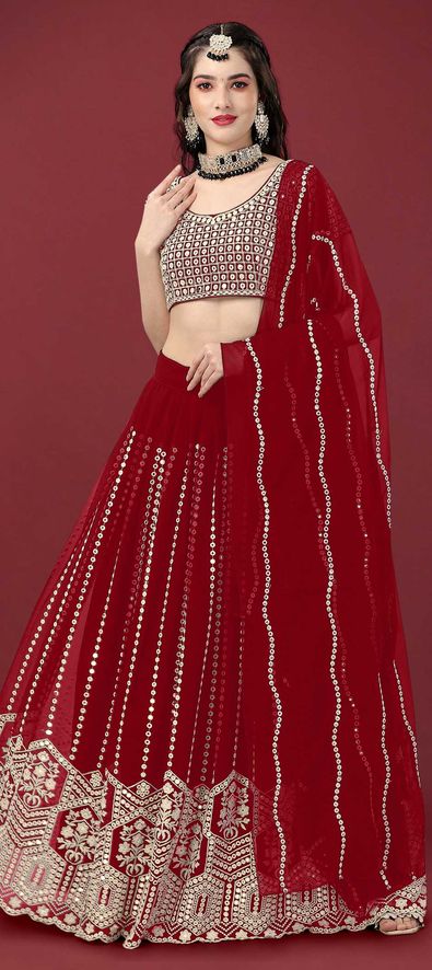 Faux Georgette Mehendi Sangeet Lehenga in Red and Maroon with Mirror work-1853338