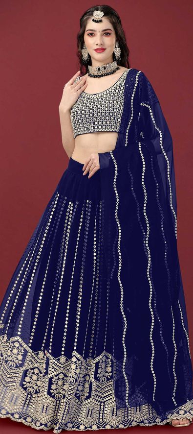 Faux Georgette Mehendi Sangeet Lehenga in Blue with Embroidered work-1853340