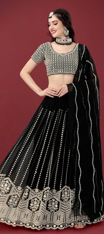 Faux Georgette Mehendi Sangeet Lehenga in Black and Grey with Embroidered work-1853342