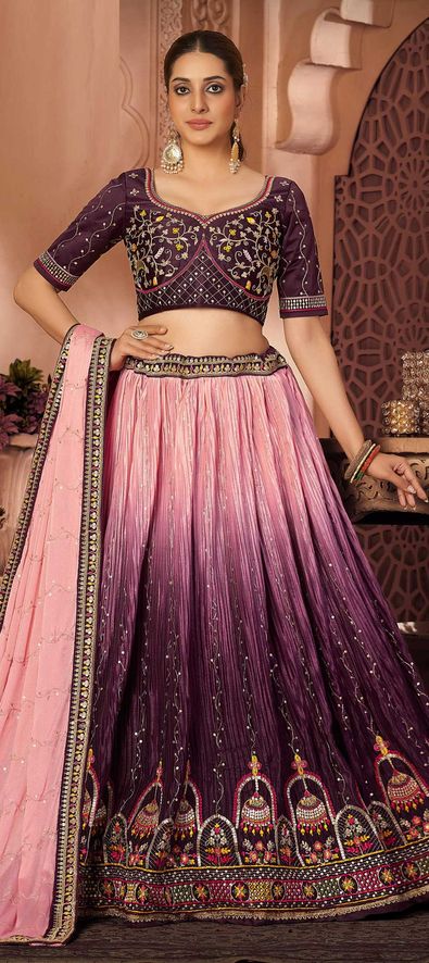 Chiffon Wedding Lehenga in Purple and Violet with Thread work-1854167