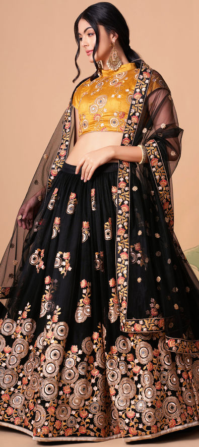 Net Reception Lehenga in Black and Grey with Thread work-1857418