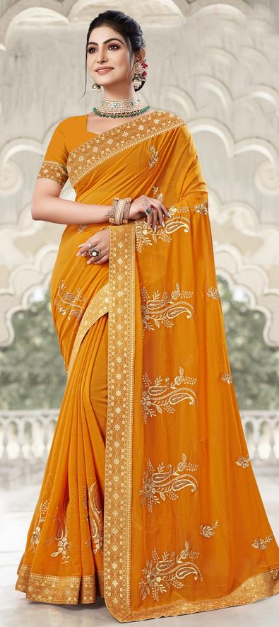 Georgette Party Wear Saree in Yellow with Embroidered Work-1857578