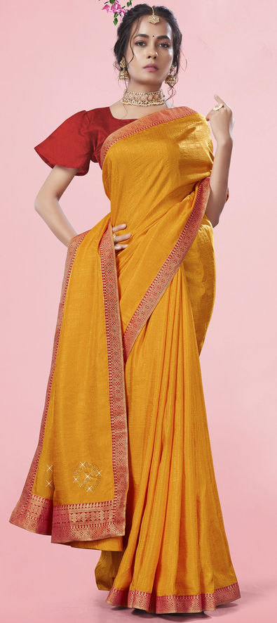 Art Silk Traditional Saree in Yellow with Lace Work-1859862