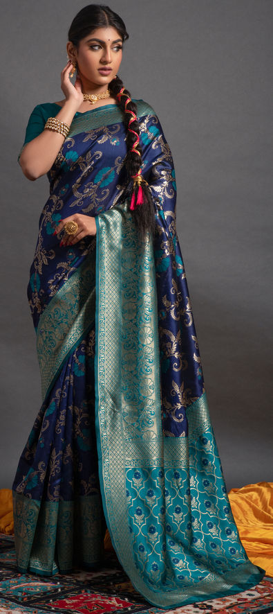 Banarasi Silk Festive Saree in Blue with Printed Work-1860118