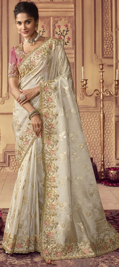 Viscose Reception Saree in White and Off White with Sequence Work-1861029