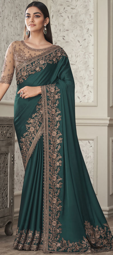 Silk Reception Saree in Green with Embroidered Work-1861733