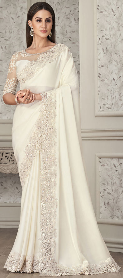 Georgette Reception Saree in White and Off White with Sequence Work-1861746