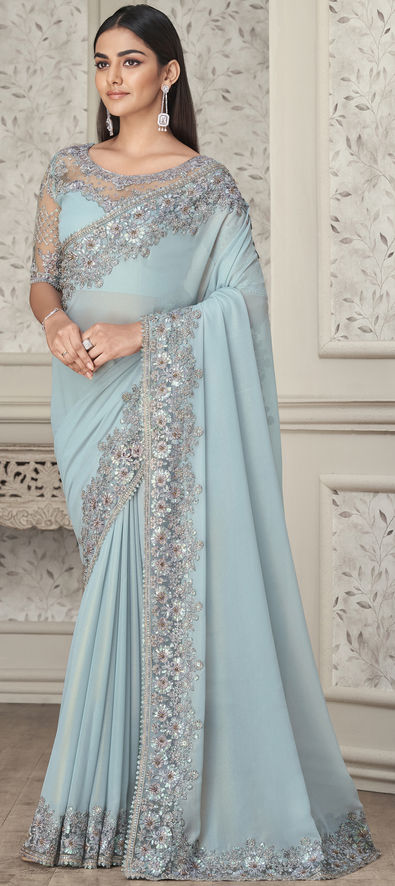 Georgette Reception Saree in Blue with Thread Work-1861750