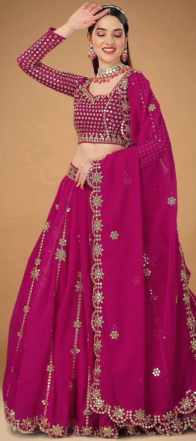 Faux Georgette Engagement Lehenga in Pink and Majenta with Mirror work-1862501