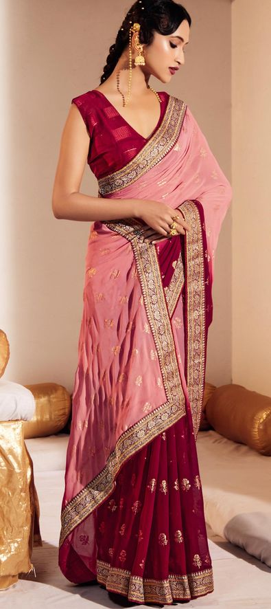 Georgette Casual Saree in Pink and Majenta with Border Work-1864446