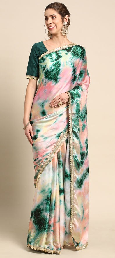 Satin Silk Party Wear Saree in Green with Printed Work-1866436