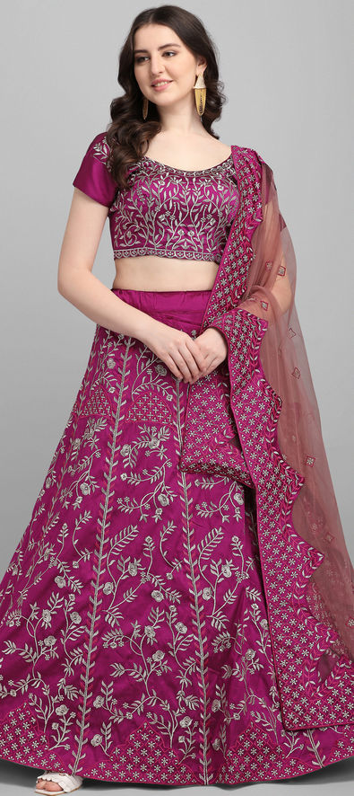 Taffeta Silk Mehendi Sangeet Lehenga in Purple and Violet with Embroidered work-1878632