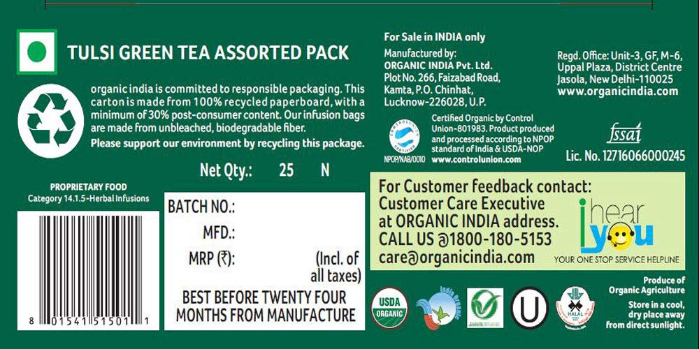 Organic India Tulsi Green Tea Assorted Tea Bags