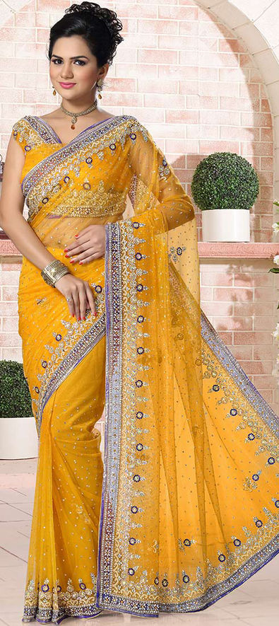 Net Bridal Saree in Yellow with Stone Work-741215