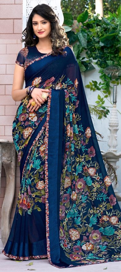 Faux Georgette Saree in Blue with Floral Work-772183