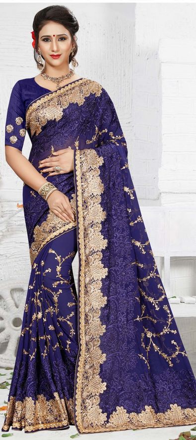 Georgette Bridal Saree in Blue with Stone Work-775315